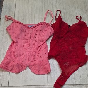 Marciano Pink Eyelet Top And Guess Red Lace Thong Bodysuit